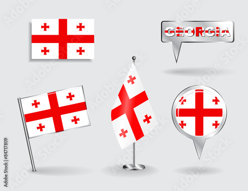 Set of Georgian pin, icon and map pointer flags. Vector