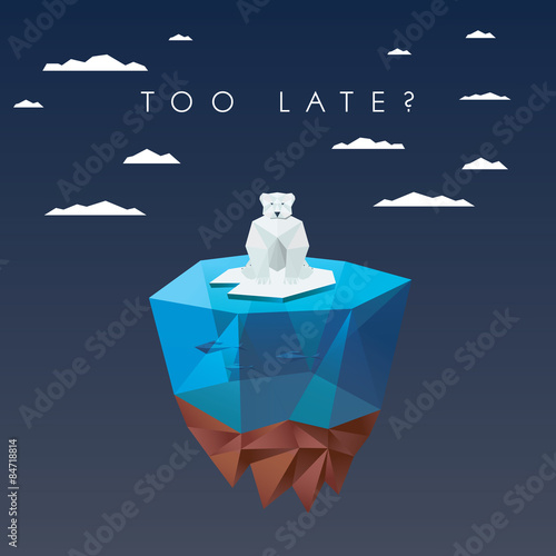 Low polygonal polar bear sitting on ice floating island