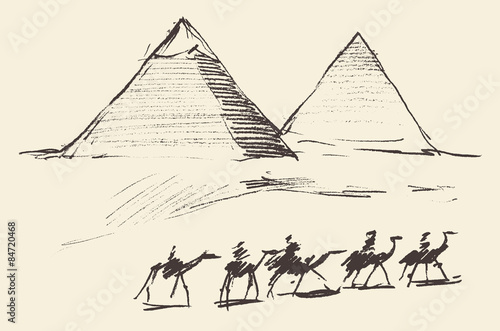 Pyramids Cairo Egypt with Caravan Camels Vintage