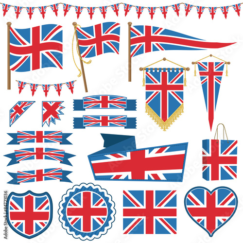 uk union jack flags ribbons bunting emblems vector red white blue clipart isolated on white