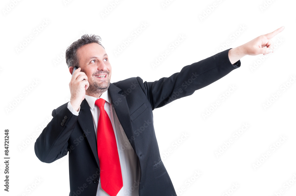 Business man pointing finger up to the future Business man pointing finger up to the future
