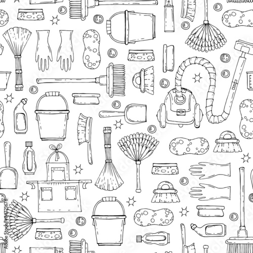 Vector seamless pattern with hand drawn symbols of cleaning services company on white background. Background for use in design, web site, packing, textile, fabric