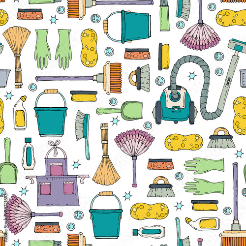 Vector seamless pattern with hand drawn symbols of cleaning services company. Background for use in design, web site, packing, textile, fabric