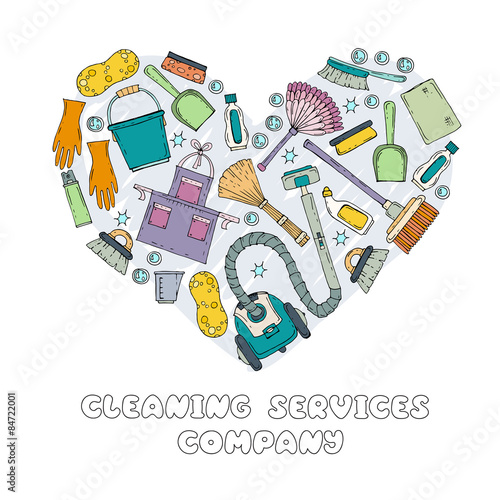 Stylized heart with hand drawn symbols of cleaning services company on white background. Vector for use in design