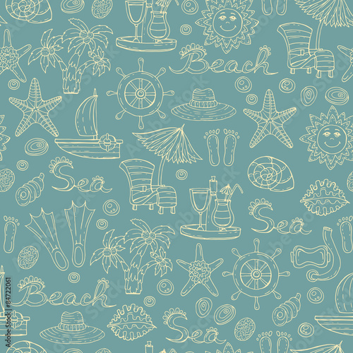 Vector seamless pattern on the theme of beach and sea on green background. Background for use in design, web site, packing, textile, fabric