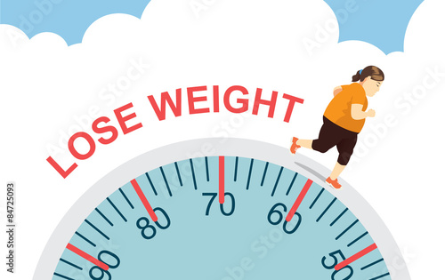 Fat women lose weight with jogging on big scale, health care concept