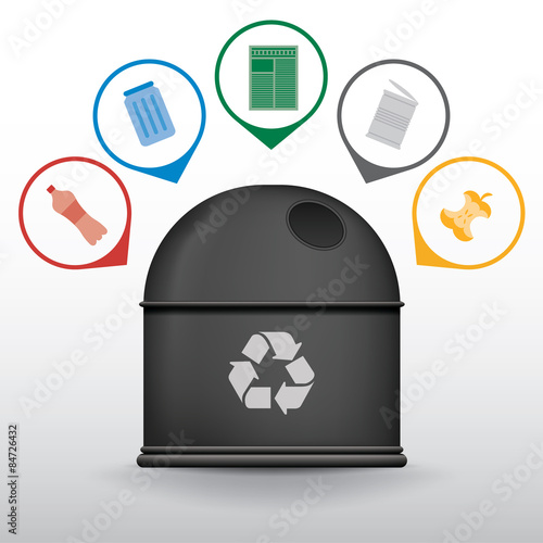 Recycle trash container with garbage icons vector set