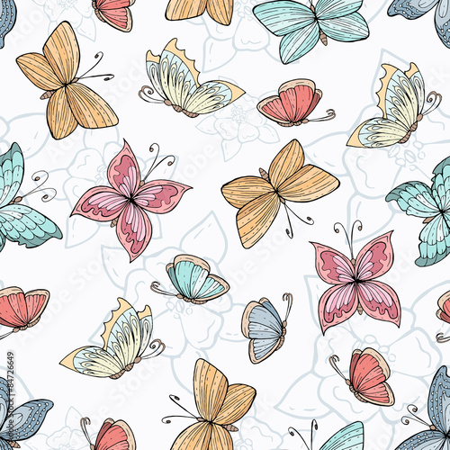 Vector seamless pattern with hand drawn butterflies and flowers. Background for use in design, web site, packing, textile, fabric