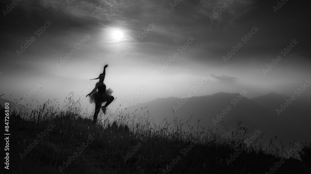 Woman freedom in nature, black and white image