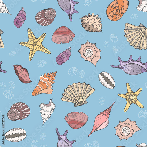 Vector seamless pattern with hand drawn sea shells on blue background. Background for use in design, web site, packing, textile, fabric
