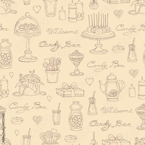 Vector seamless pattern with hand drawn candy bar symbols on beige background. Background for use in design, web site, packing, textile, fabric