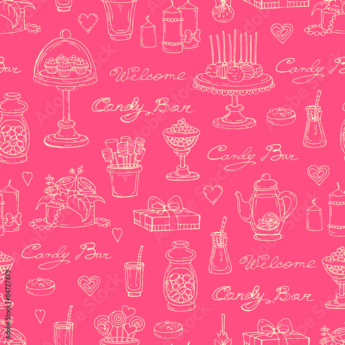 Vector seamless pattern with hand drawn candy bar symbols on pink background. Background for use in design, web site, packing, textile, fabric