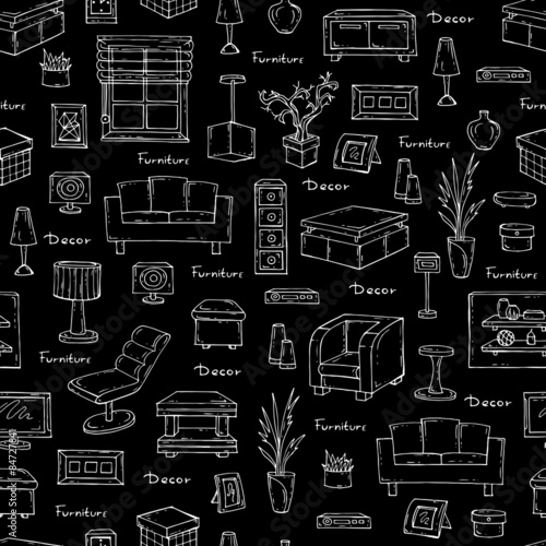 Vector seamless pattern of hand drawn furniture and decorative elements on black background. Interior design. Background for use in design, web site, packing, textile, fabric