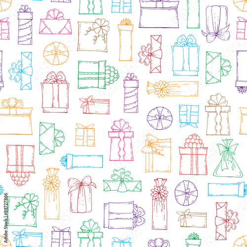 Vector seamless pattern of hand drawn colored gifts on white background. Background for use in design, web site, packing, textile, fabric © Ladychelyabinsk