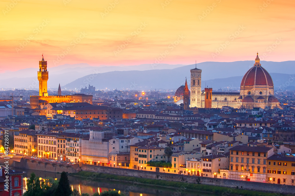 Famous view of Florence at sunset, Italy