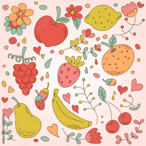 Sweet set of fruits in lovely pastel vintage color. Set of fruits are apple, lemon, banana, orange, pear, grapes, cherries, strawberry, and some small berries, along with flowers, and ferns in vector