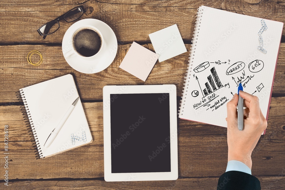 Tablet, woman, paper. Tablet, woman, paper.