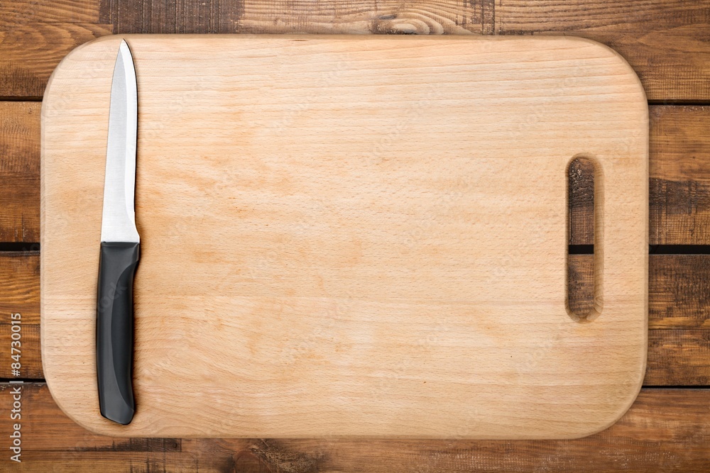 Cutting Board, Kitchen Knife, Isolated.
