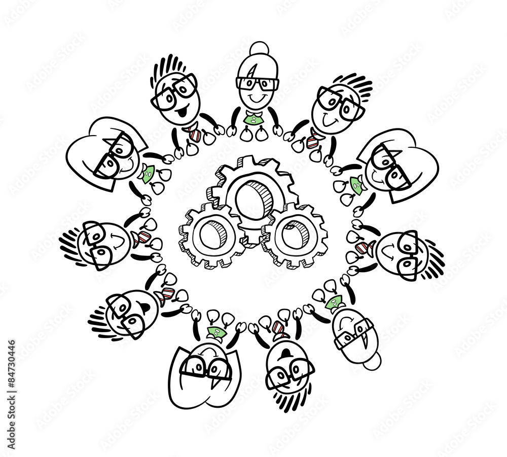 Cute cartoon business people connecting around a cog