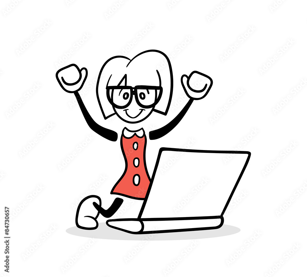 Cute cartoon businesswoman cheering at laptop Cute cartoon businesswoman cheering at laptop