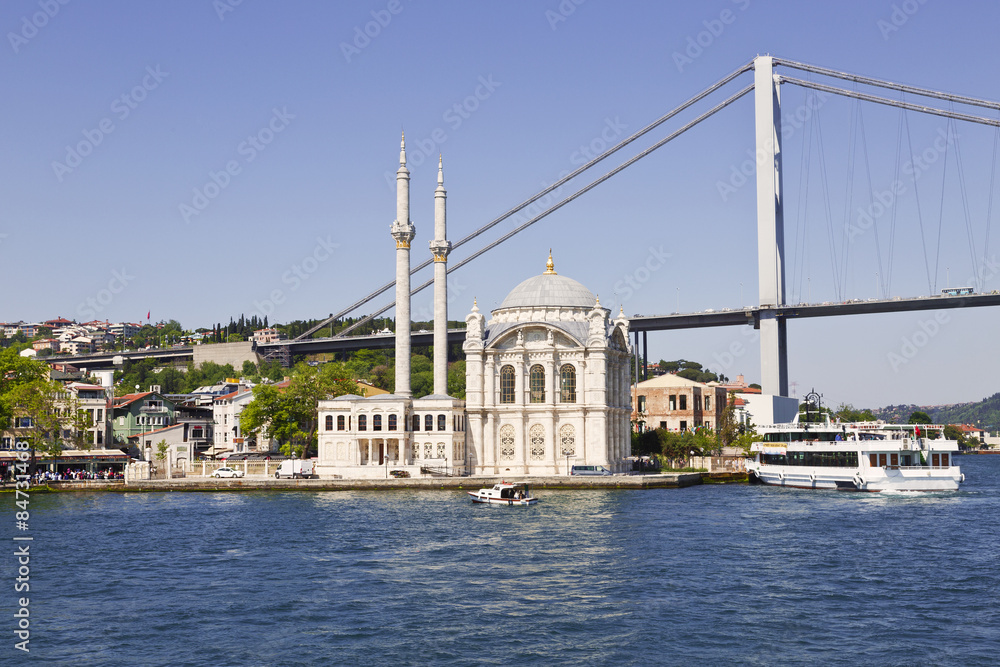 View of the Bosphorus bridge and Ortakoy mosque, Istanbul, Turkey