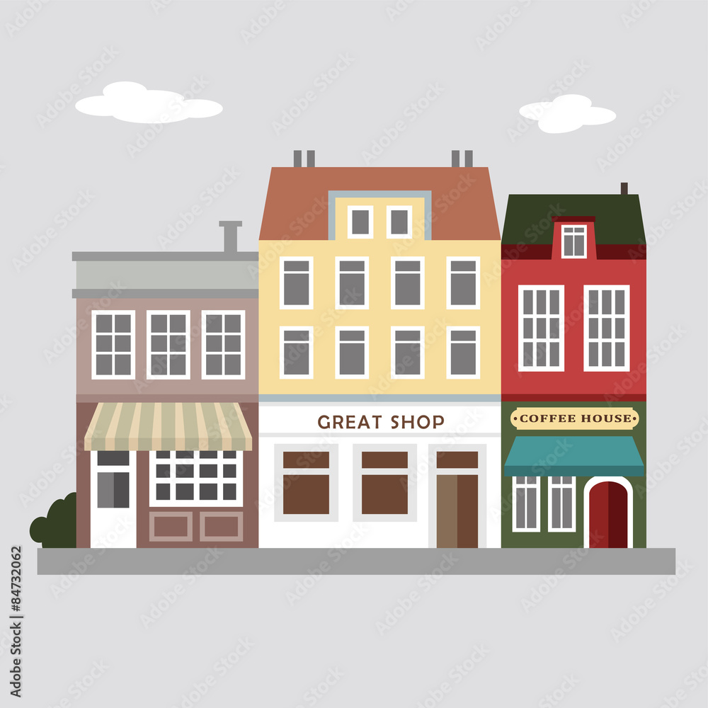 Set of cute colorful stores, houses, urban vector illustration
