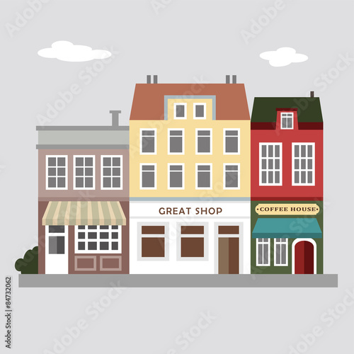 Set of cute colorful stores, houses, urban vector illustration