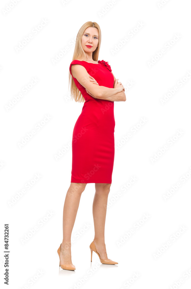 Blond woman in scarlet dress isolated on white Blond woman in scarlet dress isolated on white