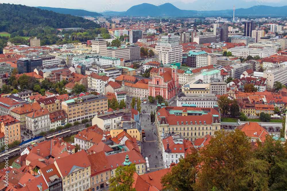 Ljublana, Slovenia - September 3, 2014. View from the hill of the old city center.