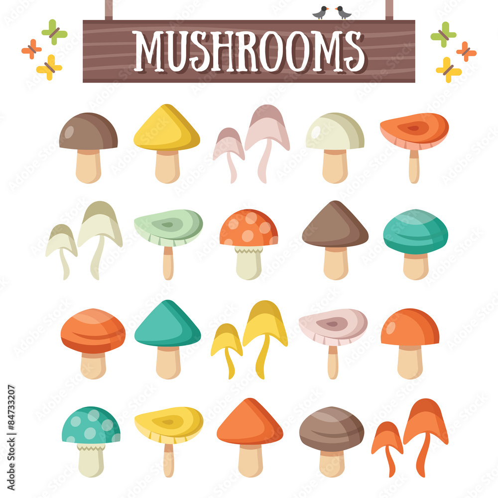 Trendy flat mushrooms set. Beautiful colorful mushrooms Trendy flat mushrooms set. Beautiful colorful mushrooms