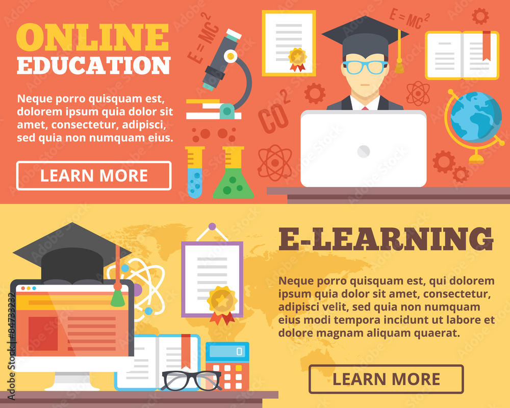 Online education, e-learning flat illustration concepts set