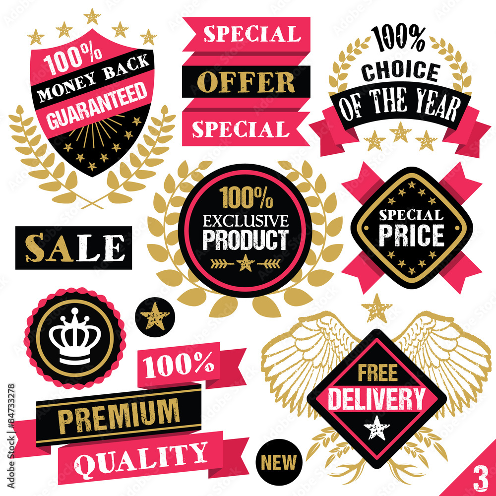 Premium quality stickers, badges, labels and ribbons. Set 3