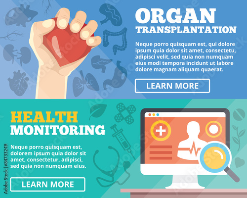 Organ transplantation and health moitoring flat illustration concepts set