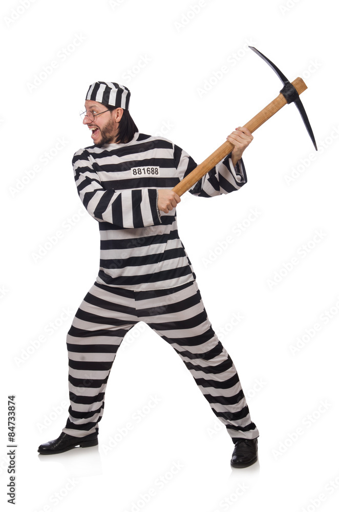 Prison inmate with axe isolated on white Prison inmate with axe isolated on white