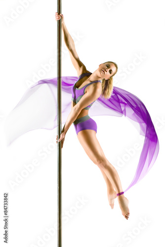 Female Pole dancer, woman dancing on pylon isolated on white background