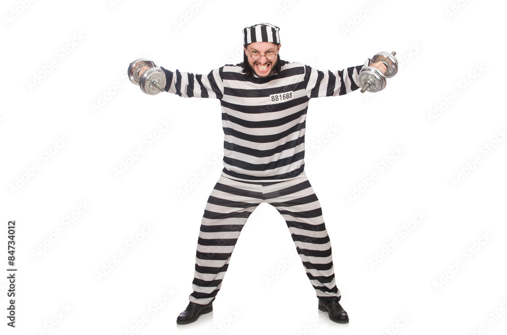 Prison inmate with dumbbells isolated on white Prison inmate with dumbbells isolated on white