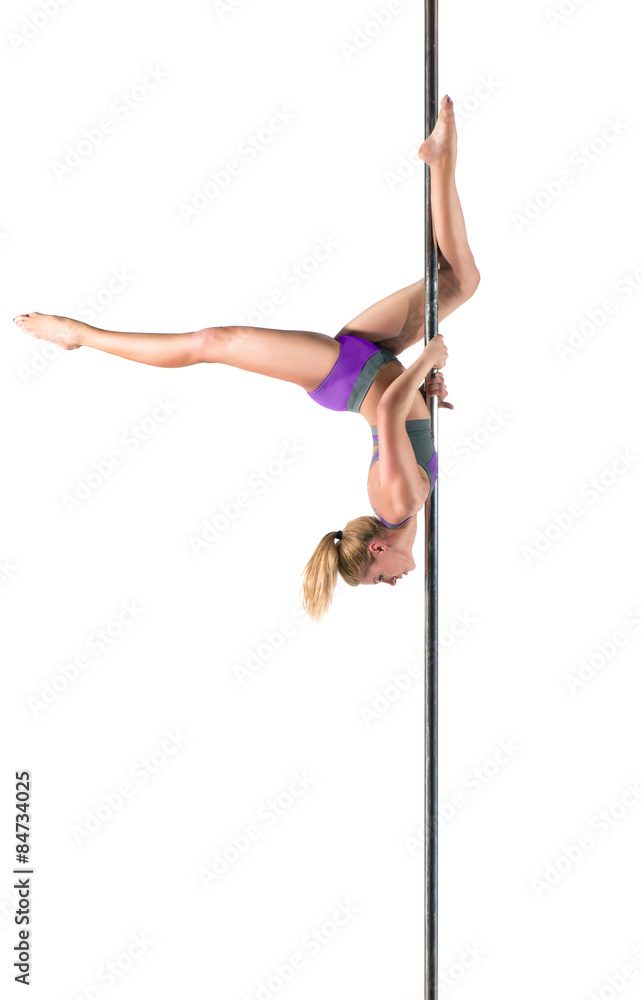 Female Pole dancer, woman dancing on pylon isolated on white background Female Pole dancer, woman dancing on pylon isolated on white background