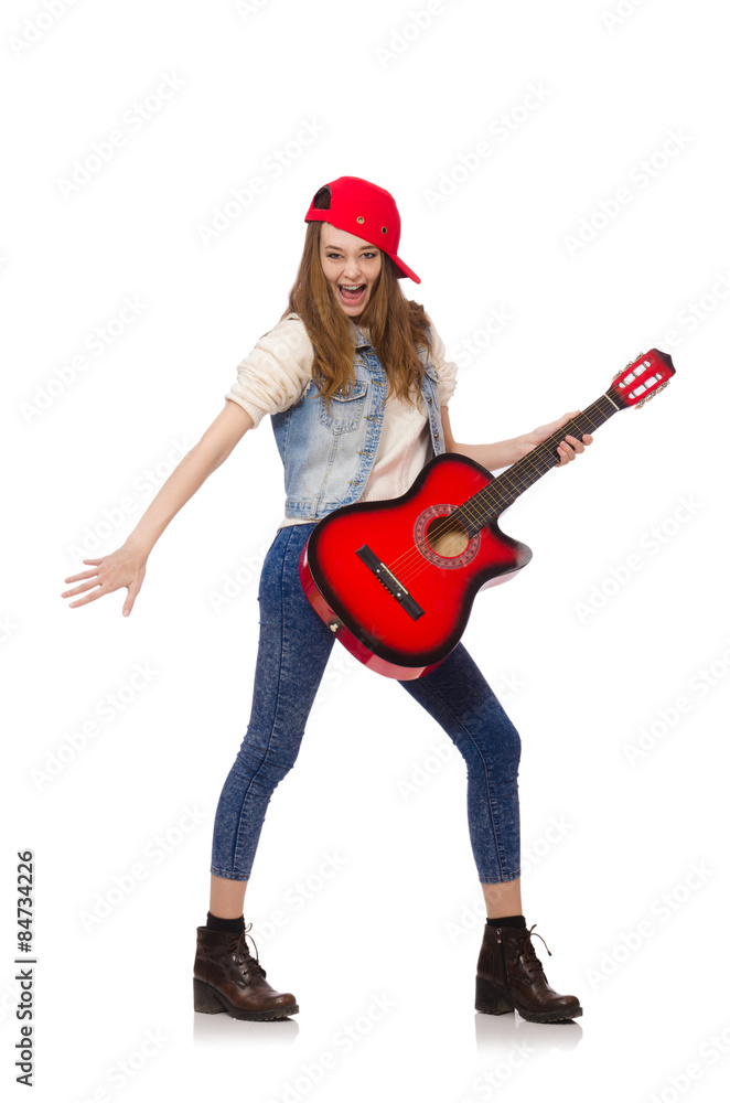 Young smiling girl with guitar isolated on white Young smiling girl with guitar isolated on white