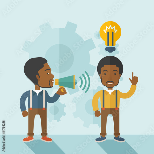 Black guys with megaphone and bulb on top of head.