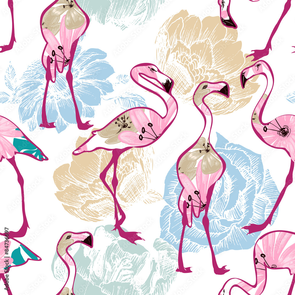 Naklejka premium Exotic seamless pattern, flowers and flamingos