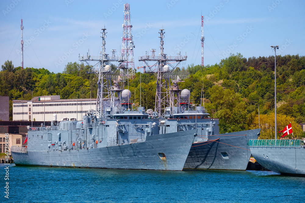 Navy warship moored at the wharf in the port of Gdynia, Poland.