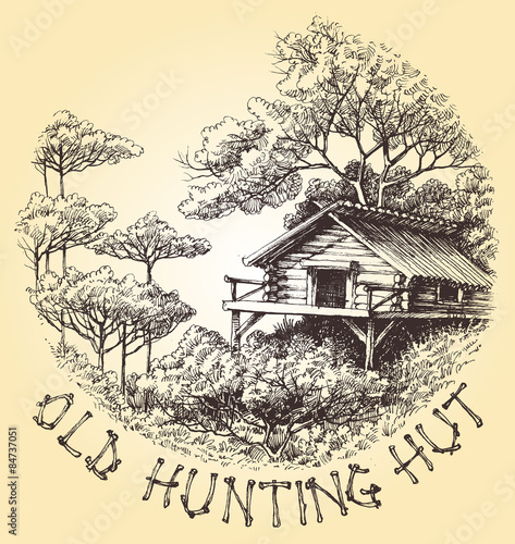 Old hunting hut in the woods round decoration vector