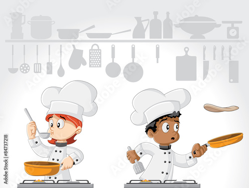 Cartoon chefs cooking gourmet food on white kitchen.
