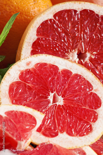 Sliced fresh grapefruit, selective focus