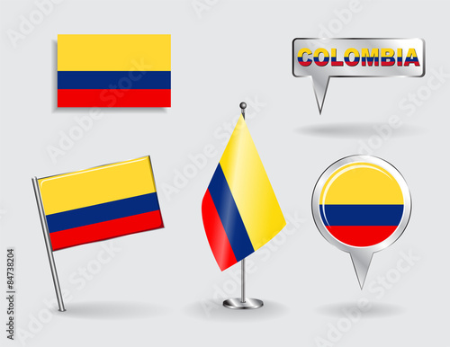 Set of Colombian pin  icon and map pointer flags. Vector