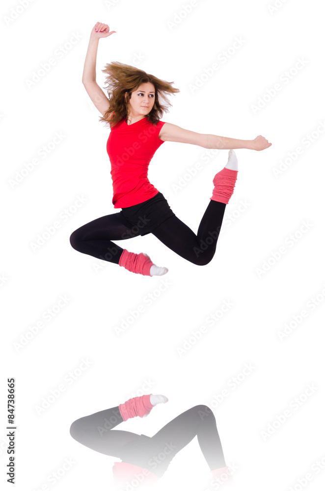 Woman doing exercises on white