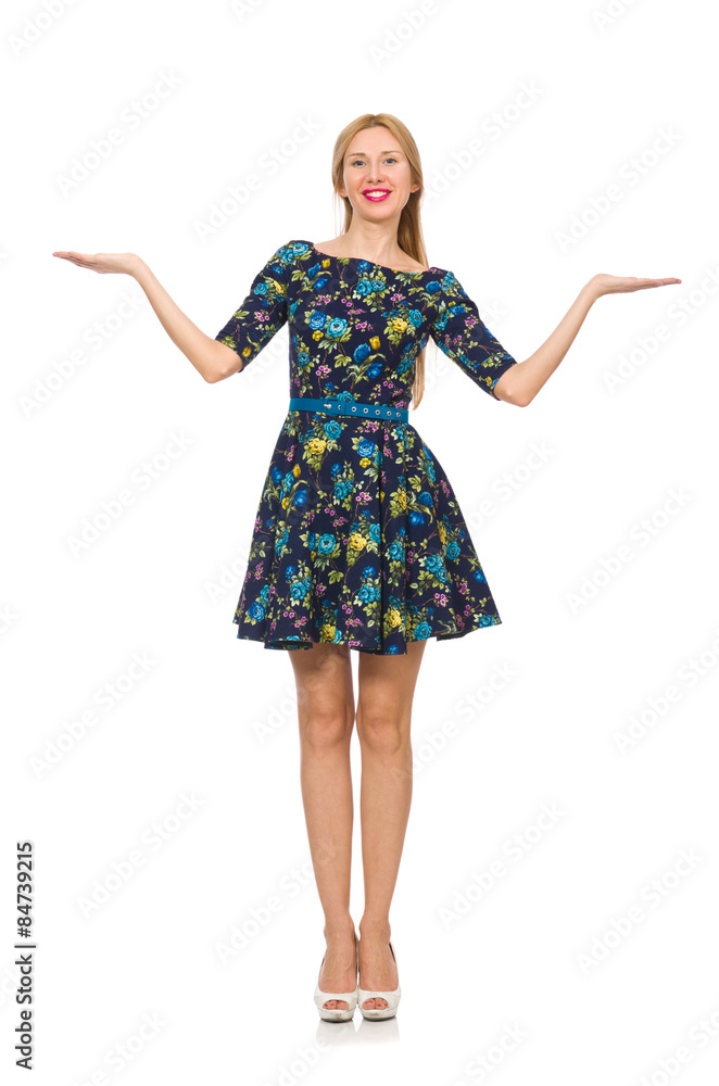Fototapeta premium Woman in dark blue floral dress isolated on white