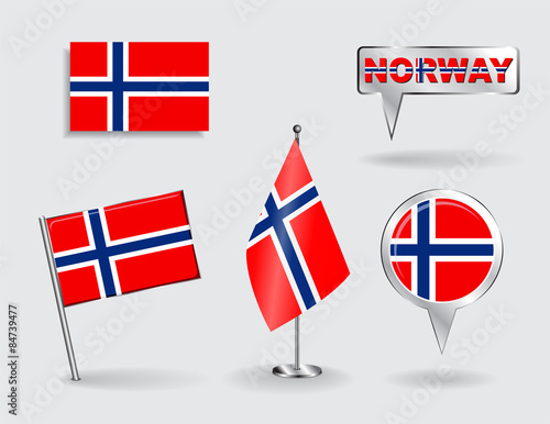 Set of PNorwegian pin, icon and map pointer flags. Vector