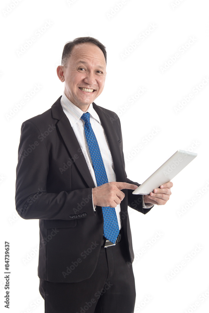 Portrait of a mature businessman with digital tablet on white ba Portrait of a mature businessman with digital tablet on white ba