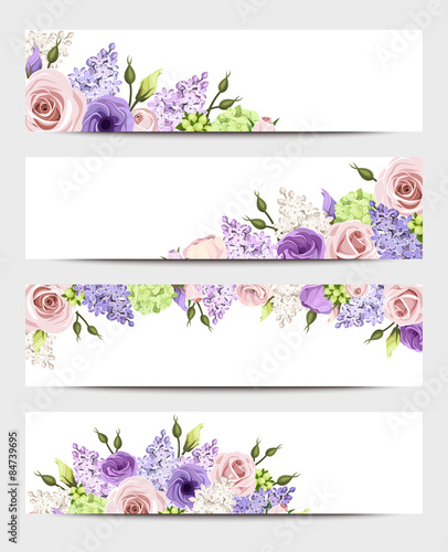 Web banners with pink, purple and white roses and lilac flowers. Vector.